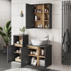 Vicco Badmöbel-Set Grau/Artisan Viola, bestehend aus Bad Spiegelschrank, Waschbeckenunterschrank, Midischrank - Mehr Stauraum ohne Bodenfläche zu nutzen