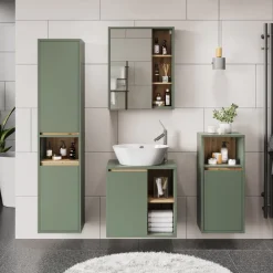 Vicco Badmöbel-Set Grün/Artisan Viola, bestehend aus Badspiegelschrank, Waschbeckenunterschrank, Midischrank, Hochschrank - Mehr Stauraum ohne Bodenfläche zu nutzen