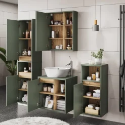 Vicco Badmöbel-Set Grün/Artisan Viola, bestehend aus Badspiegelschrank, Waschbeckenunterschrank, Midischrank, Hochschrank - Mehr Stauraum ohne Bodenfläche zu nutzen