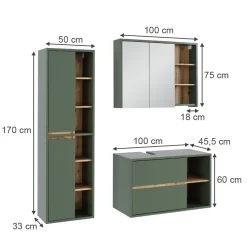 Vicco Badmöbel-Set Grün/Artisan Viola, bestehend aus Bad Spiegelschrank, Waschbeckenunterschrank, Hochschrank - Mehr Stauraum ohne Bodenfläche zu nutzen