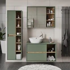 Vicco Badmöbel-Set Grün/Artisan Viola, bestehend aus Bad Spiegelschrank, Waschbeckenunterschrank, Hochschrank - Mehr Stauraum ohne Bodenfläche zu nutzen