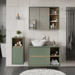 Vicco Badmöbel-Set Grün/Artisan Viola, bestehend aus Bad Spiegelschrank, Waschbeckenunterschrank, Midischrank - Mehr Stauraum ohne Bodenfläche zu nutzen