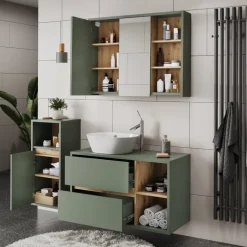 Vicco Badmöbel-Set Grün/Artisan Viola, bestehend aus Bad Spiegelschrank, Waschbeckenunterschrank, Midischrank - Mehr Stauraum ohne Bodenfläche zu nutzen
