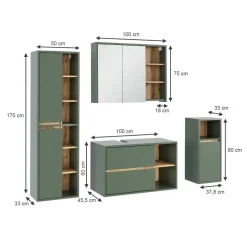 Vicco Badmöbel-Set Grün/Artisan Viola, bestehend aus Badspiegelschrank, Waschbeckenunterschrank, Midischrank, Hochschrank - Mehr Stauraum ohne Bodenfläche zu nutzen