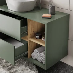 Vicco Badmöbel-Set Grün/Artisan Viola, bestehend aus Badspiegelschrank, Waschbeckenunterschrank, Midischrank, Hochschrank - Mehr Stauraum ohne Bodenfläche zu nutzen