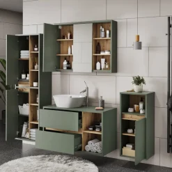 Vicco Badmöbel-Set Grün/Artisan Viola, bestehend aus Badspiegelschrank, Waschbeckenunterschrank, Midischrank, Hochschrank - Mehr Stauraum ohne Bodenfläche zu nutzen