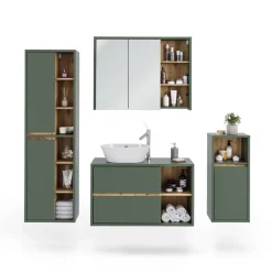 Vicco Badmöbel-Set Grün/Artisan Viola, bestehend aus Badspiegelschrank, Waschbeckenunterschrank, Midischrank, Hochschrank - Mehr Stauraum ohne Bodenfläche zu nutzen
