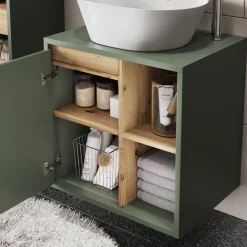 Vicco Badmöbel-Set Grün/Artisan Viola, bestehend aus Bad Spiegelschrank, Waschbeckenunterschrank, Hochschrank - Mehr Stauraum ohne Bodenfläche zu nutzen