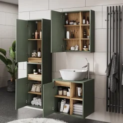Vicco Badmöbel-Set Grün/Artisan Viola, bestehend aus Bad Spiegelschrank, Waschbeckenunterschrank, Hochschrank - Mehr Stauraum ohne Bodenfläche zu nutzen