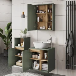 Vicco Badmöbel-Set Grün/Artisan Viola, bestehend aus Bad Spiegelschrank, Waschbeckenunterschrank, Midischrank - Mehr Stauraum ohne Bodenfläche zu nutzen