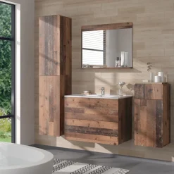 Vicco Badmöbel-Set Oldstyle Izan, bestehend aus Waschbeckenunterschrank, Waschbecken, Hängeschrank, Hochschrank, Midischrank - Mehr Stauraum ohne Bodenfläche zu nutzen