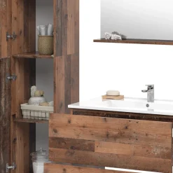 Vicco Badmöbel-Set Oldstyle Izan, bestehend aus Waschbeckenunterschrank, Waschbecken, Hängeschrank, Hochschrank, Midischrank - Mehr Stauraum ohne Bodenfläche zu nutzen