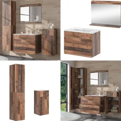 Vicco Badmöbel-Set Oldstyle Izan, bestehend aus Waschbeckenunterschrank, Waschbecken, Hängeschrank, Hochschrank, Midischrank - Mehr Stauraum ohne Bodenfläche zu nutzen