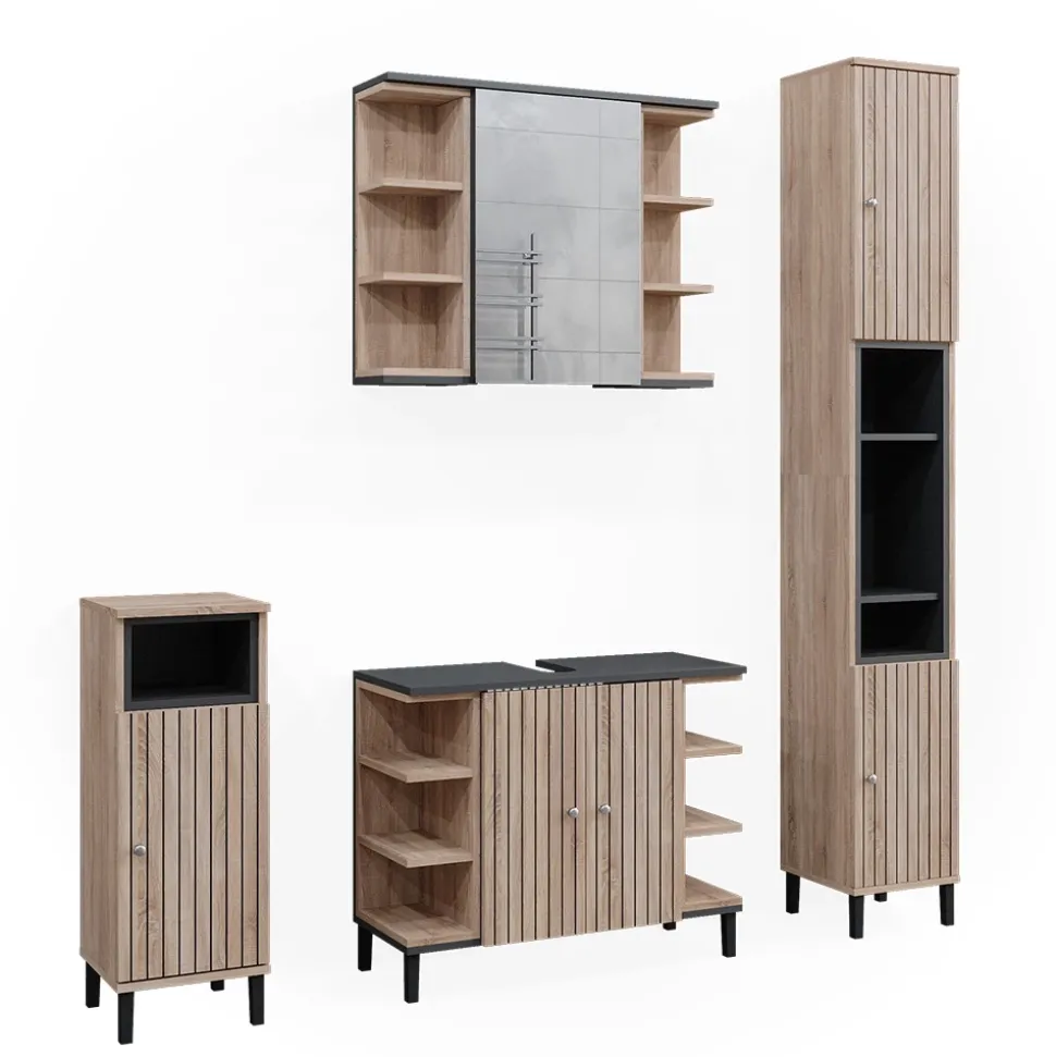 Vicco Badmöbel-Set Sonoma Aquis, bestehend aus Badspiegelschrank, Waschbeckenunterschrank, Midischrank, Hochschrank - Offene und geschlossene Fächer für flexible Aufbewahrung