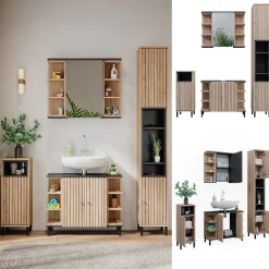 Vicco Badmöbel-Set Sonoma Aquis, bestehend aus Badspiegelschrank, Waschbeckenunterschrank, Midischrank, Hochschrank - Offene und geschlossene Fächer für flexible Aufbewahrung