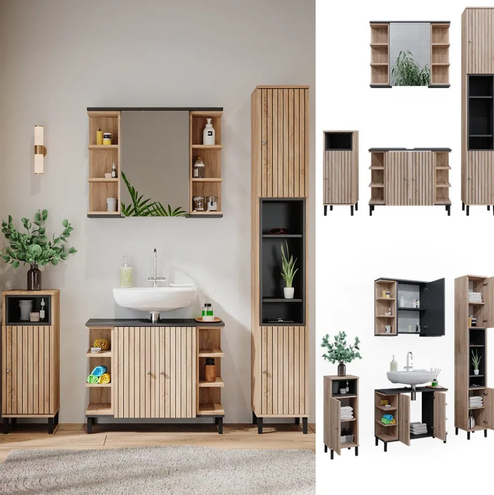 Vicco Badmöbel-Set Sonoma Aquis, bestehend aus Badspiegelschrank, Waschbeckenunterschrank, Midischrank, Hochschrank - Offene und geschlossene Fächer für flexible Aufbewahrung