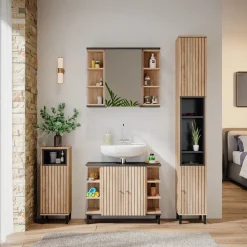 Vicco Badmöbel-Set Sonoma Aquis, bestehend aus Badspiegelschrank, Waschbeckenunterschrank, Midischrank, Hochschrank - Offene und geschlossene Fächer für flexible Aufbewahrung