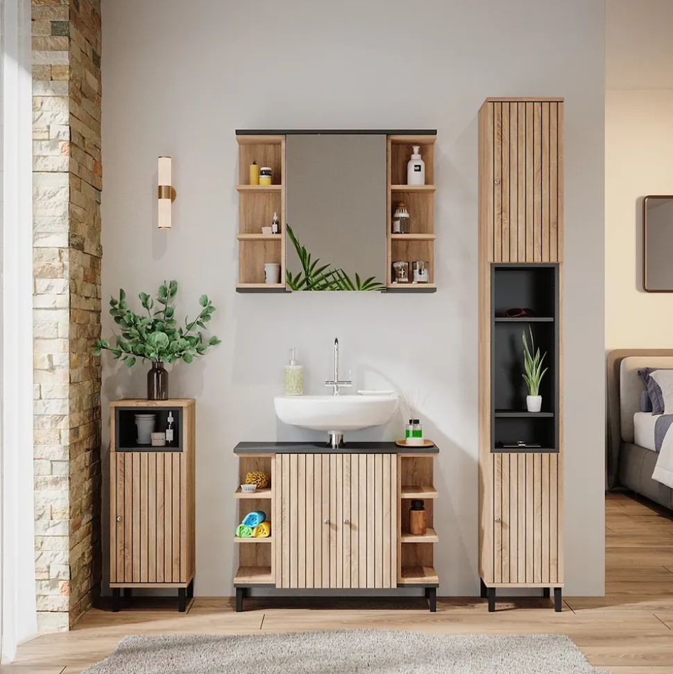 Vicco Badmöbel-Set Sonoma Aquis, bestehend aus Badspiegelschrank, Waschbeckenunterschrank, Midischrank, Hochschrank - Offene und geschlossene Fächer für flexible Aufbewahrung