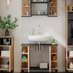 Vicco Badmöbel-Set Sonoma Aquis, bestehend aus Badspiegelschrank, Waschbeckenunterschrank, Midischrank, Hochschrank - Offene und geschlossene Fächer für flexible Aufbewahrung