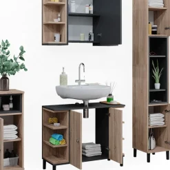 Vicco Badmöbel-Set Sonoma Aquis, bestehend aus Badspiegelschrank, Waschbeckenunterschrank, Midischrank, Hochschrank - Offene und geschlossene Fächer für flexible Aufbewahrung