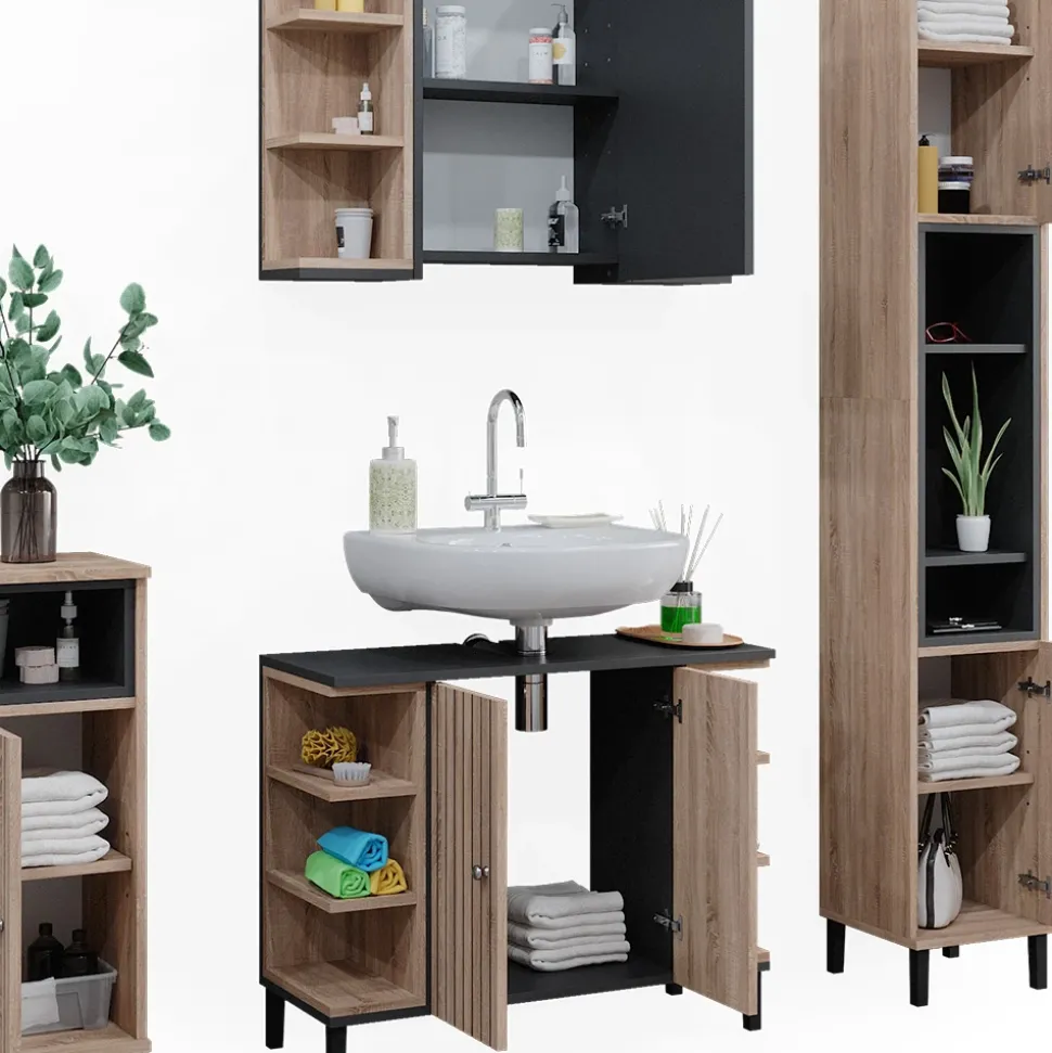 Vicco Badmöbel-Set Sonoma Aquis, bestehend aus Badspiegelschrank, Waschbeckenunterschrank, Midischrank, Hochschrank - Offene und geschlossene Fächer für flexible Aufbewahrung