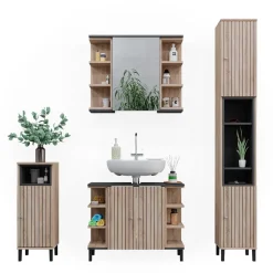 Vicco Badmöbel-Set Sonoma Aquis, bestehend aus Badspiegelschrank, Waschbeckenunterschrank, Midischrank, Hochschrank - Offene und geschlossene Fächer für flexible Aufbewahrung