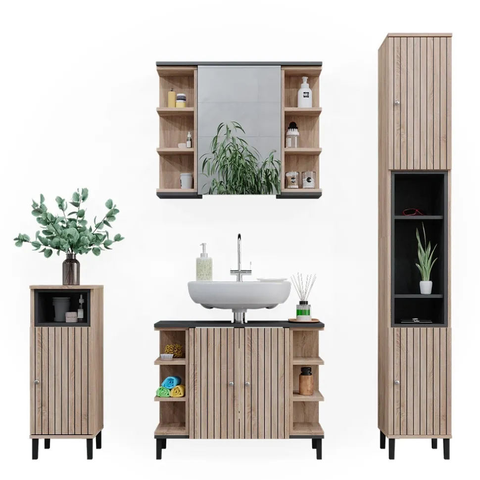 Vicco Badmöbel-Set Sonoma Aquis, bestehend aus Badspiegelschrank, Waschbeckenunterschrank, Midischrank, Hochschrank - Offene und geschlossene Fächer für flexible Aufbewahrung