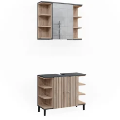 Vicco Badmöbel-Set Sonoma Aquis, bestehend aus Waschtischunterschrank, Spiegelschrank - Offene und geschlossene Fächer für flexible Aufbewahrung