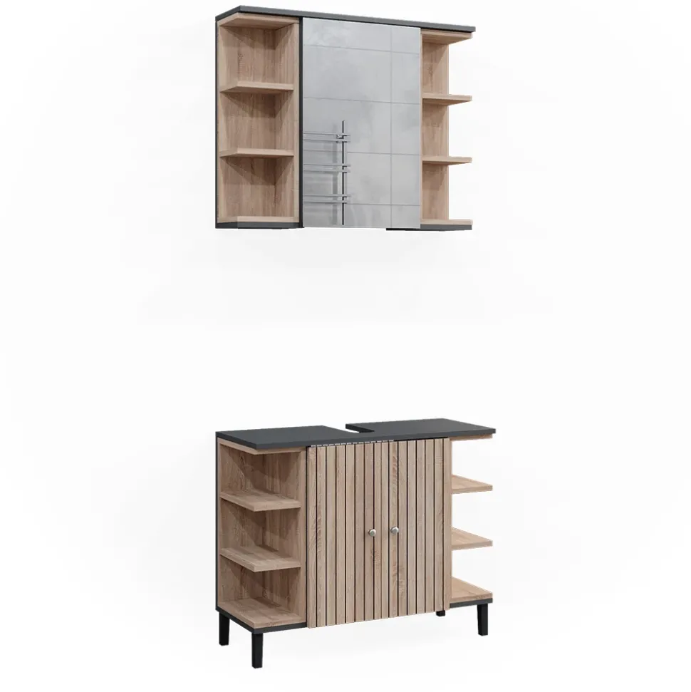Vicco Badmöbel-Set Sonoma Aquis, bestehend aus Waschtischunterschrank, Spiegelschrank - Offene und geschlossene Fächer für flexible Aufbewahrung