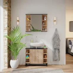 Vicco Badmöbel-Set Sonoma Aquis, bestehend aus Waschtischunterschrank, Spiegelschrank - Offene und geschlossene Fächer für flexible Aufbewahrung