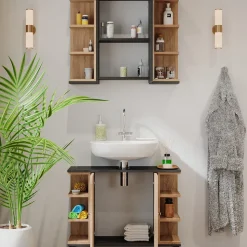 Vicco Badmöbel-Set Sonoma Aquis, bestehend aus Waschtischunterschrank, Spiegelschrank - Offene und geschlossene Fächer für flexible Aufbewahrung