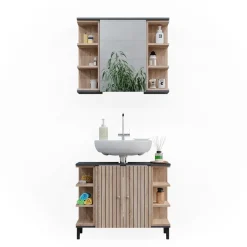 Vicco Badmöbel-Set Sonoma Aquis, bestehend aus Waschtischunterschrank, Spiegelschrank - Offene und geschlossene Fächer für flexible Aufbewahrung