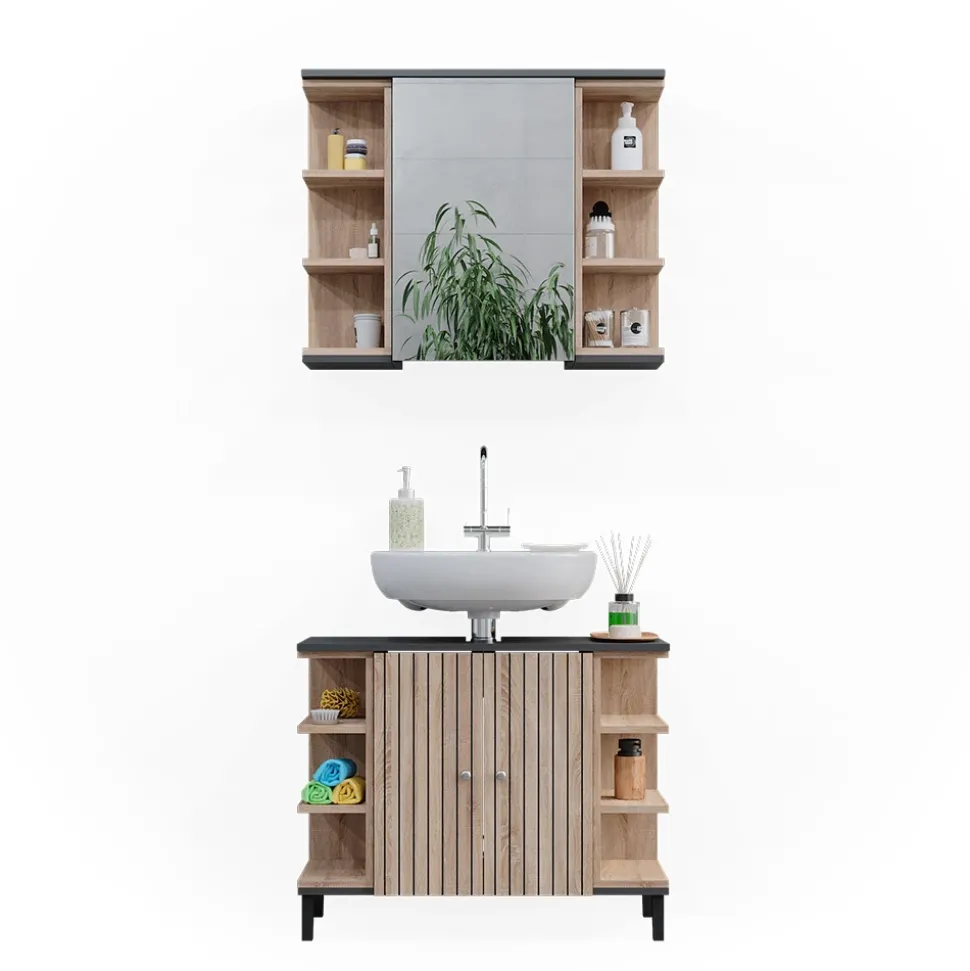 Vicco Badmöbel-Set Sonoma Aquis, bestehend aus Waschtischunterschrank, Spiegelschrank - Offene und geschlossene Fächer für flexible Aufbewahrung