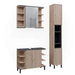 Vicco Badmöbel-Set Sonoma Aquis, bestehend aus Bad Spiegelschrank, Waschbeckenunterschrank, Hochschrank - Offene und geschlossene Fächer für flexible Aufbewahrung