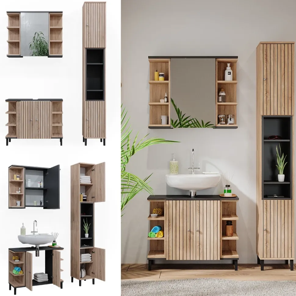 Vicco Badmöbel-Set Sonoma Aquis, bestehend aus Bad Spiegelschrank, Waschbeckenunterschrank, Hochschrank - Offene und geschlossene Fächer für flexible Aufbewahrung