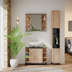 Vicco Badmöbel-Set Sonoma Aquis, bestehend aus Bad Spiegelschrank, Waschbeckenunterschrank, Hochschrank - Offene und geschlossene Fächer für flexible Aufbewahrung