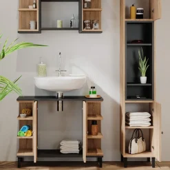 Vicco Badmöbel-Set Sonoma Aquis, bestehend aus Bad Spiegelschrank, Waschbeckenunterschrank, Hochschrank - Offene und geschlossene Fächer für flexible Aufbewahrung