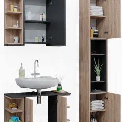 Vicco Badmöbel-Set Sonoma Aquis, bestehend aus Bad Spiegelschrank, Waschbeckenunterschrank, Hochschrank - Offene und geschlossene Fächer für flexible Aufbewahrung