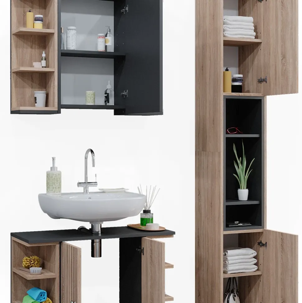 Vicco Badmöbel-Set Sonoma Aquis, bestehend aus Bad Spiegelschrank, Waschbeckenunterschrank, Hochschrank - Offene und geschlossene Fächer für flexible Aufbewahrung