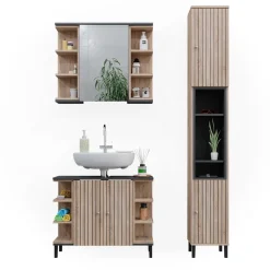 Vicco Badmöbel-Set Sonoma Aquis, bestehend aus Bad Spiegelschrank, Waschbeckenunterschrank, Hochschrank - Offene und geschlossene Fächer für flexible Aufbewahrung