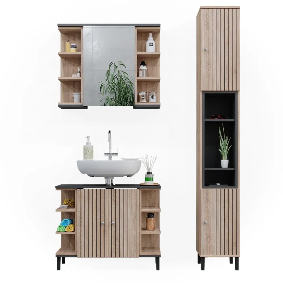 Vicco Badmöbel-Set Sonoma Aquis, bestehend aus Bad Spiegelschrank, Waschbeckenunterschrank, Hochschrank - Offene und geschlossene Fächer für flexible Aufbewahrung