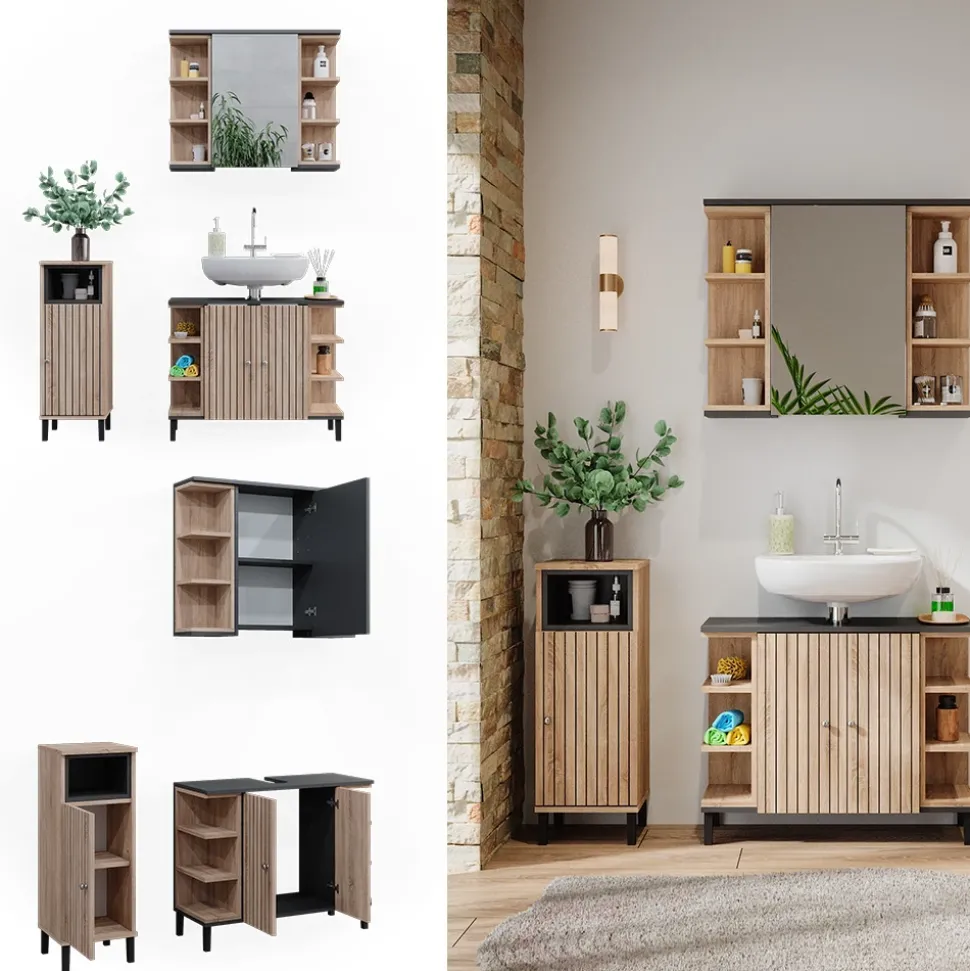 Vicco Badmöbel-Set Sonoma Aquis, bestehend aus Bad Spiegelschrank, Waschbeckenunterschrank, Midischrank - Offene und geschlossene Fächer für flexible Aufbewahrung