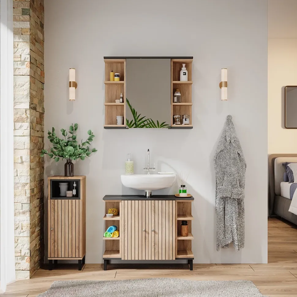 Vicco Badmöbel-Set Sonoma Aquis, bestehend aus Bad Spiegelschrank, Waschbeckenunterschrank, Midischrank - Offene und geschlossene Fächer für flexible Aufbewahrung