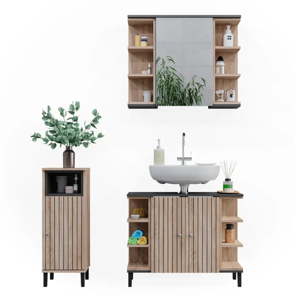 Vicco Badmöbel-Set Sonoma Aquis, bestehend aus Bad Spiegelschrank, Waschbeckenunterschrank, Midischrank - Offene und geschlossene Fächer für flexible Aufbewahrung