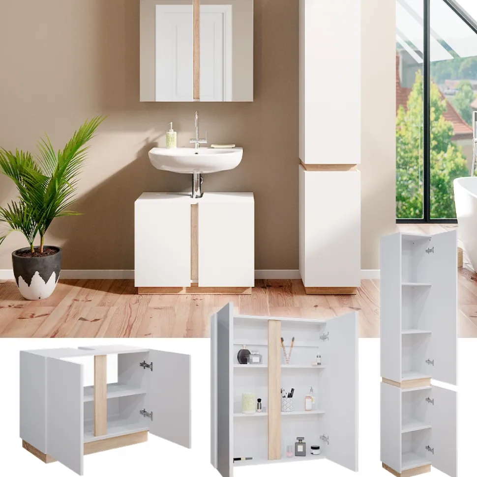 Vicco Badmöbel-Set Weiß Gloria, bestehend aus Bad Spiegelschrank, Waschbeckenunterschrank, Hochschrank - Unterschrank- und Hängeschrank-Kombination