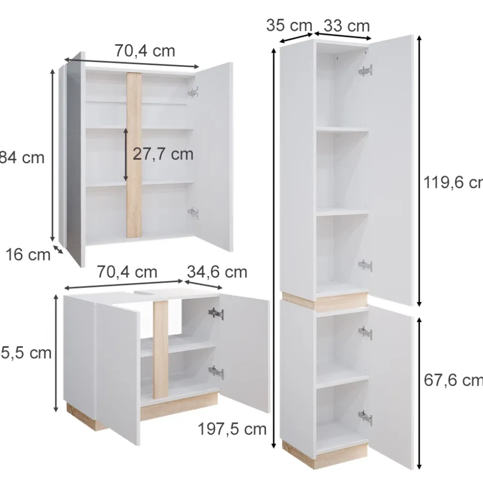 Vicco Badmöbel-Set Weiß Gloria, bestehend aus Bad Spiegelschrank, Waschbeckenunterschrank, Hochschrank - Unterschrank- und Hängeschrank-Kombination