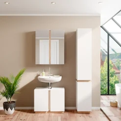 Vicco Badmöbel-Set Weiß Gloria, bestehend aus Bad Spiegelschrank, Waschbeckenunterschrank, Hochschrank - Unterschrank- und Hängeschrank-Kombination