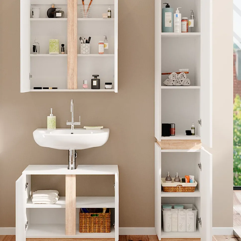 Vicco Badmöbel-Set Weiß Gloria, bestehend aus Bad Spiegelschrank, Waschbeckenunterschrank, Hochschrank - Unterschrank- und Hängeschrank-Kombination