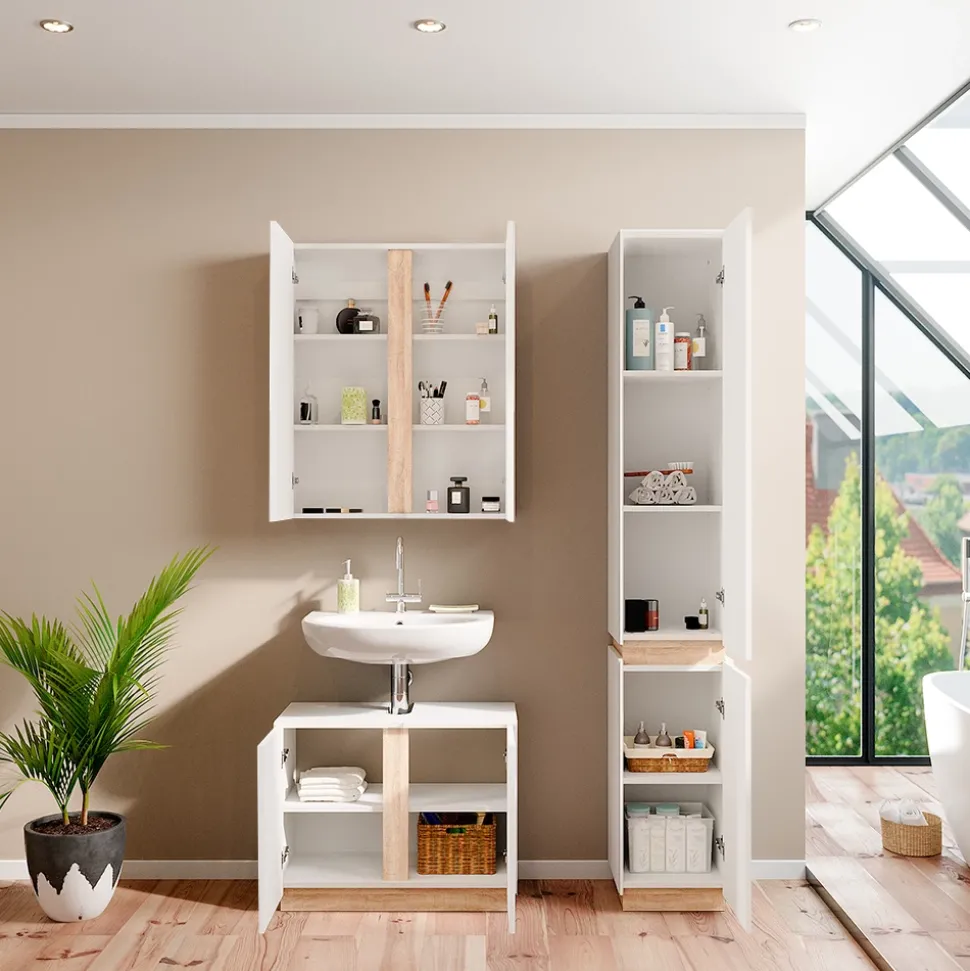 Vicco Badmöbel-Set Weiß Gloria, bestehend aus Bad Spiegelschrank, Waschbeckenunterschrank, Hochschrank - Unterschrank- und Hängeschrank-Kombination