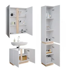 Vicco Badmöbel-Set Weiß Gloria, bestehend aus Bad Spiegelschrank, Waschbeckenunterschrank, Hochschrank - Unterschrank- und Hängeschrank-Kombination